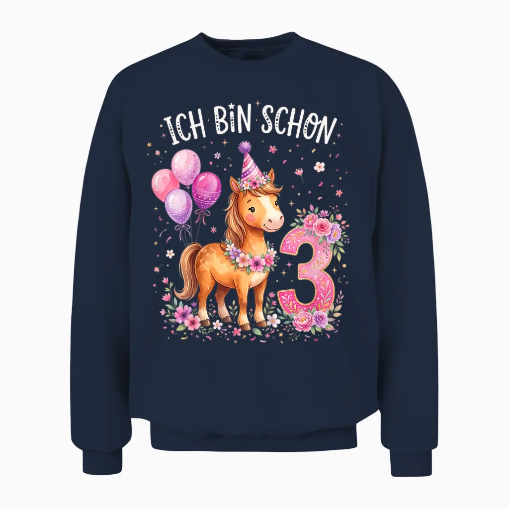 Ich Bin Schon 3 Geburtstag Pferde Unisex Sweatshirt in Navy