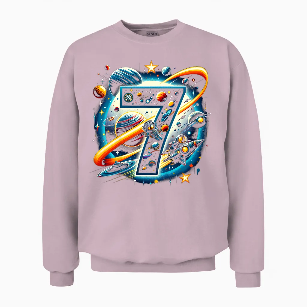 Kids Astronaut 7th Birthday Space Boys 7 Years Spaceship T-Shirt, Black Unisex Sweatshirt in Light Pink