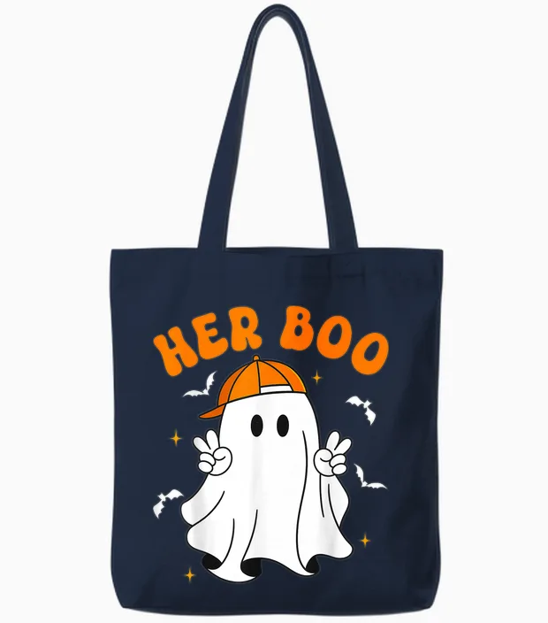 Her Boo & His Boo Funny Matching Halloween Couples Tote Bags in Navy