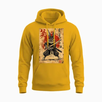 Funny Vintage Art Japanese Rabbit Ninja Samurai Warrior T-Shirt, Black, S Unisex Hoodie - Gold