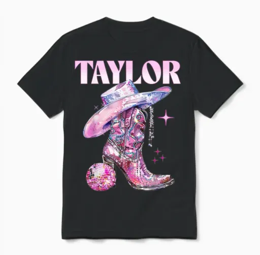 Taylor Outfit Disco Pink Cowgirl Shirt Women's Teen Girls Name T-Shirt, Black Unisex T-Shirt in Black