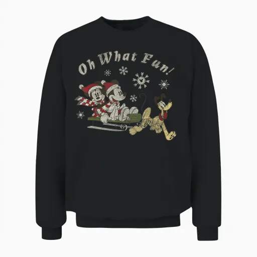 Disney Mickey Minnie and Pluto Oh What Fun Christmas Sled Unisex Sweatshirt in Black