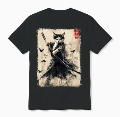 Samurai Cat Graphic Tee Warrior Vintage Japanese Art Anime Unisex T-Shirt - Black