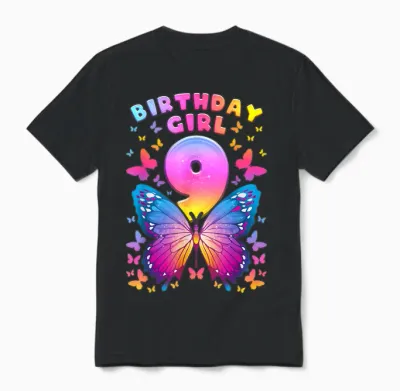 9. Geburtstag, Mädchen 9 Jahre, Schmetterling, Nummer 9 Unisex T-Shirt - Black