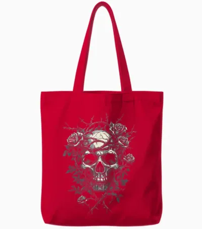 Totenkopf Mit Rosen Und Dornen - Gothic Tote Bags - Red