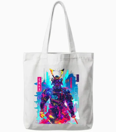 Cyberpunk Neon Samurai Japanese Art Tote Bags - White
