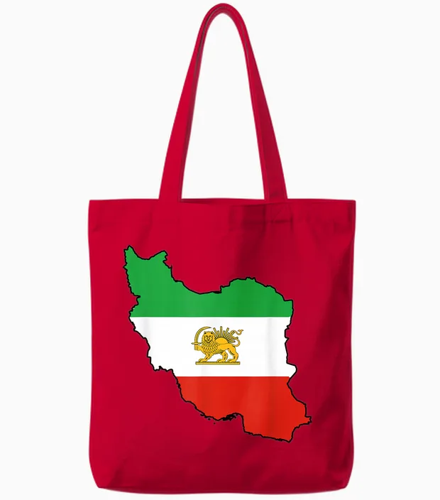 Iran Flag Lion and Sun Persian T-Shirt, Black Tote Bags in Red