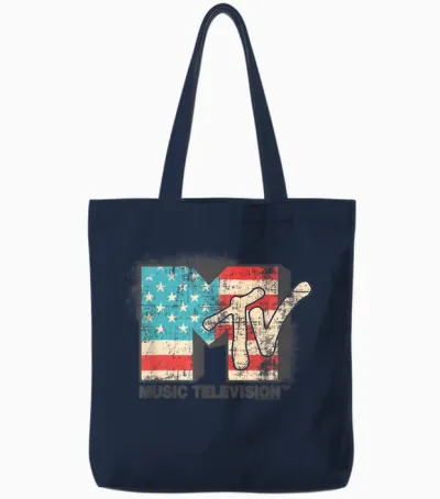 Mtv Herren T-Shirt Grau Klassisches V-Ausschnitt Kurzarm T-Shirt Mit Pailletten Logo Spreizkragen Crew-Ausschnitt Unisex Eu Klein Tote Bags - Navy