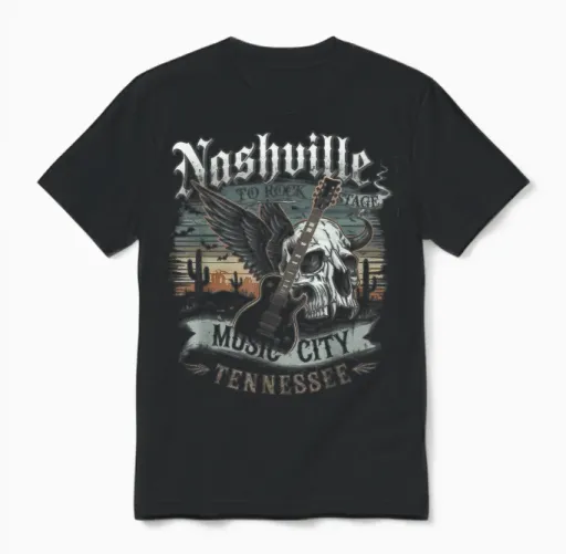 Nashville Music City T-Shirt Women Men Tennessee Rock Country Unisex T-Shirt in Black