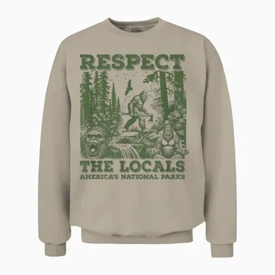 Respect the Locals Bigfoot Sasquatch American National Parks T-Shirt, Small, Grey Unisex Sweatshirt - Sand