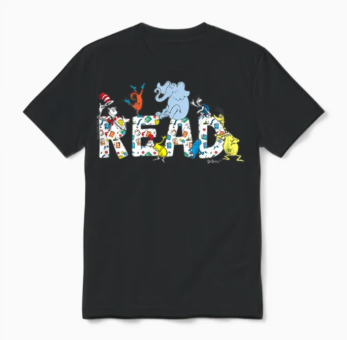 Dr. Seuss Characters Read Design for Youth and Adult Unisex T-Shirt in Black