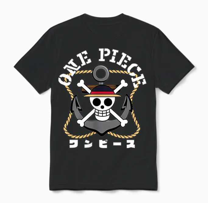 One Piece Anime Front and Back Anchor Logo and Crew Items Unisex T-Shirt in Black