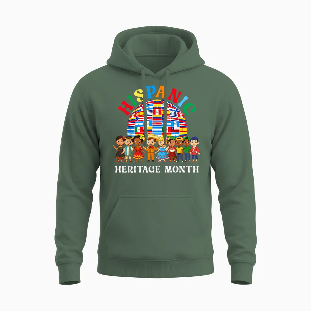 Hispanic Heritage Month All Latin Countries Boys Girls Unisex Hoodie in Military Green