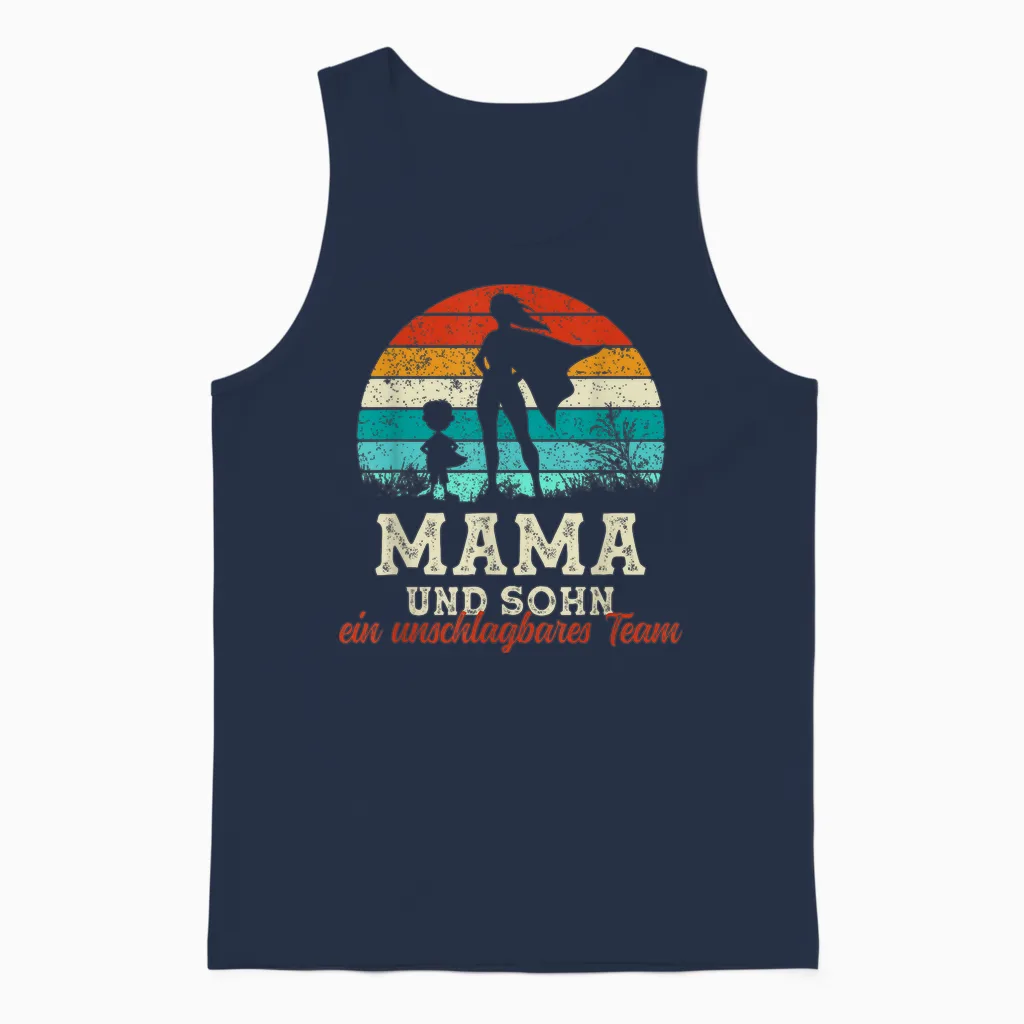 Team Mama and Son Superhero Mother's Day Proud Super Mama Unisex Tank Top in Navy
