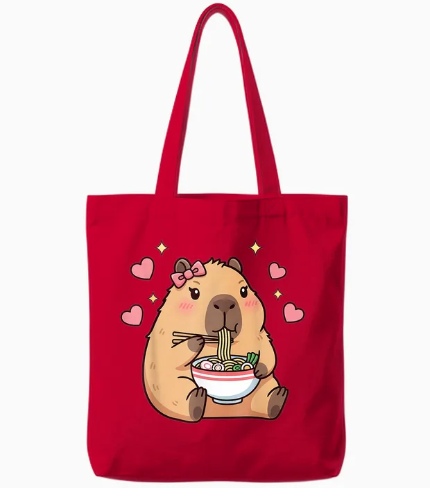 Cute Girls Capybara Ramen Kawaii Tea Kawaii Capy Lover Tote Bags in Red