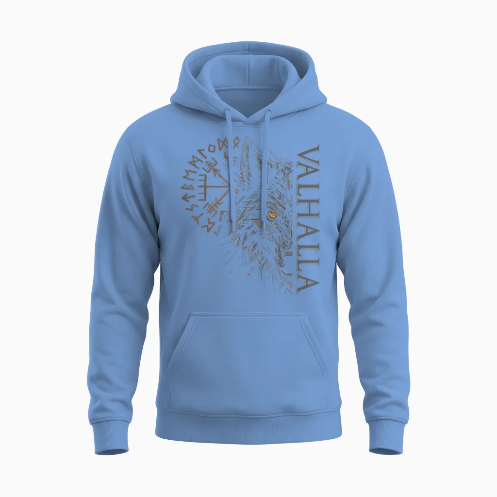 Valhalla Wolf Viking Compass with Odin Runes T-Shirt, Black, S Unisex Hoodie in Carolina Blue