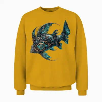 Vintage Steampunk Fisch Damen Herren Illustration Unisex Sweatshirt - Gold