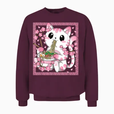 Japanische Anime Katze Ramen Nudeln Manga Kawaii Mädchen Unisex Sweatshirt - Maroon