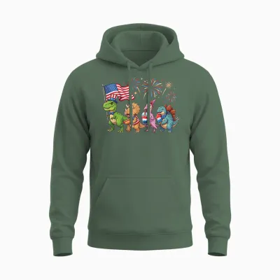 Patriotic Dinosaurs Fireworks T-Rex Triceratops 4th of July Unisex Hoodie - Military Green