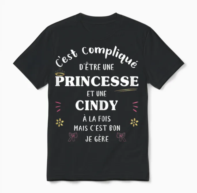 Women's Princess Humour Gift Personalized Name Cindy Unisex T-Shirt in Black