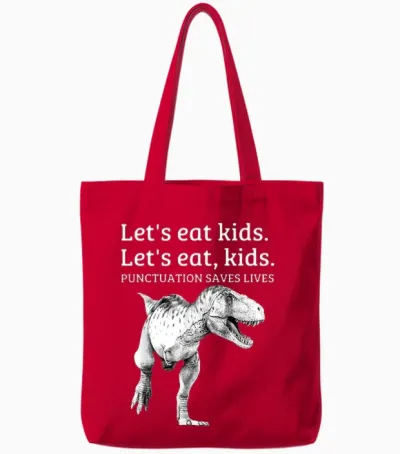 Funny Let's Eat Kids Punctuation Saves Lives Grammar Tote Bags - Red