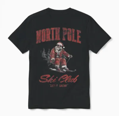 Santa Claus Christmas Snow Skiing at the North Pole Ski Club Unisex T-Shirt - Black