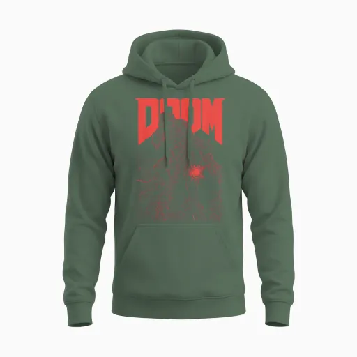 Doom Red Sketched Cover Art Retro Video Game Unisex Hoodie - Military Green