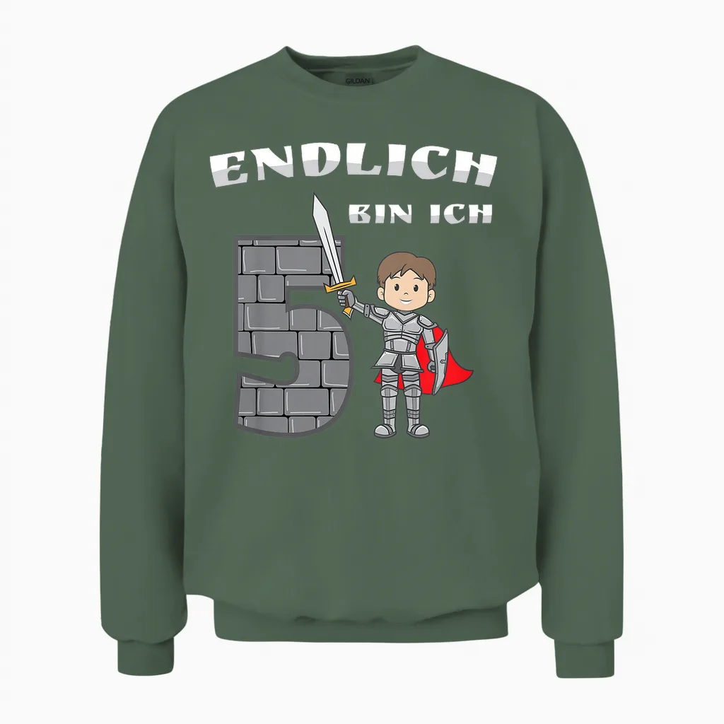 Children's Little Knight Boy 5th Birthday Finally 5 Years Knight's Castle T-Shirt, Blue Unisex Sweatshirt in Military Green