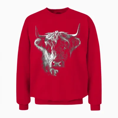 @n!mal Highland Cow Art Gesicht Tier Portrait Grafik Highland Cow T-Shirt Für Tierliebhaber, Familien, Kinder - Unisex - Schwarz - S Unisex Sweatshirt - Red