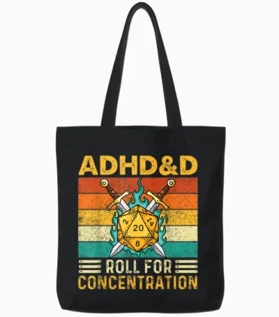 Adhd&d Roll for Concentration - Rpg Tabletop Games Tote Bags - Black