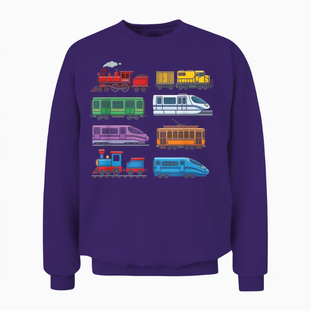 Colourful Railway Trains Locomotives Retro Modern Children's Unisex Sweatshirt in Purple