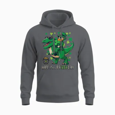Kids Happy St Patricks Pa Trex Day Saint Paddys Dino Boys Unisex Hoodie - Charcoal