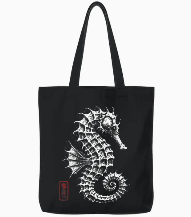 Seepferdchen Japanisches Kanji Ozeantier Kunst Tote Bags in Black