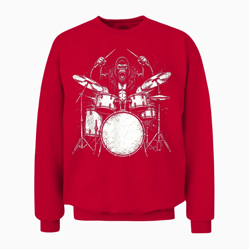 Gorilla Drummer Rock Wild Animal Jouant De La Batterie Unisex Sweatshirt in Red