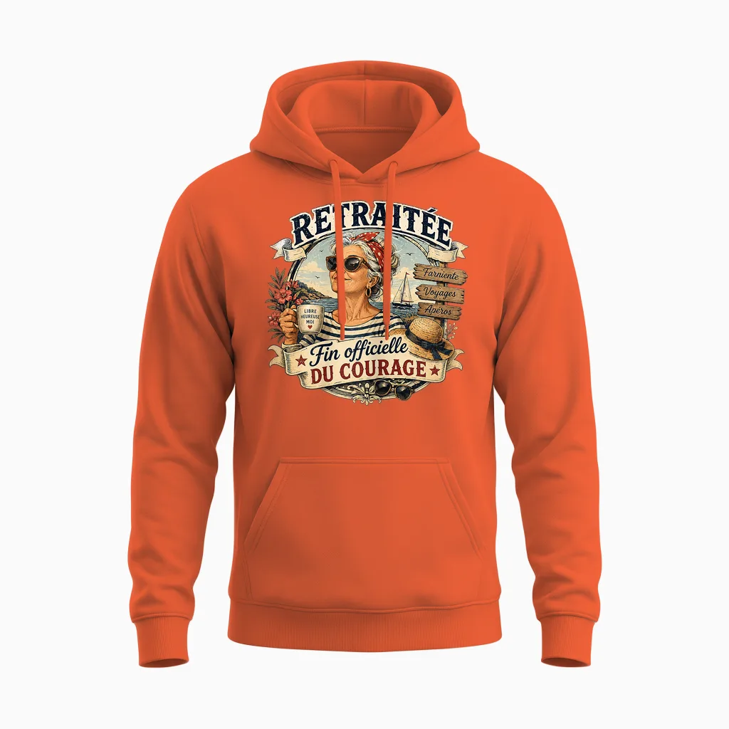 Cadeau Départ Retraite Femme Humour Original Fin Courage Unisex Hoodie in Orange