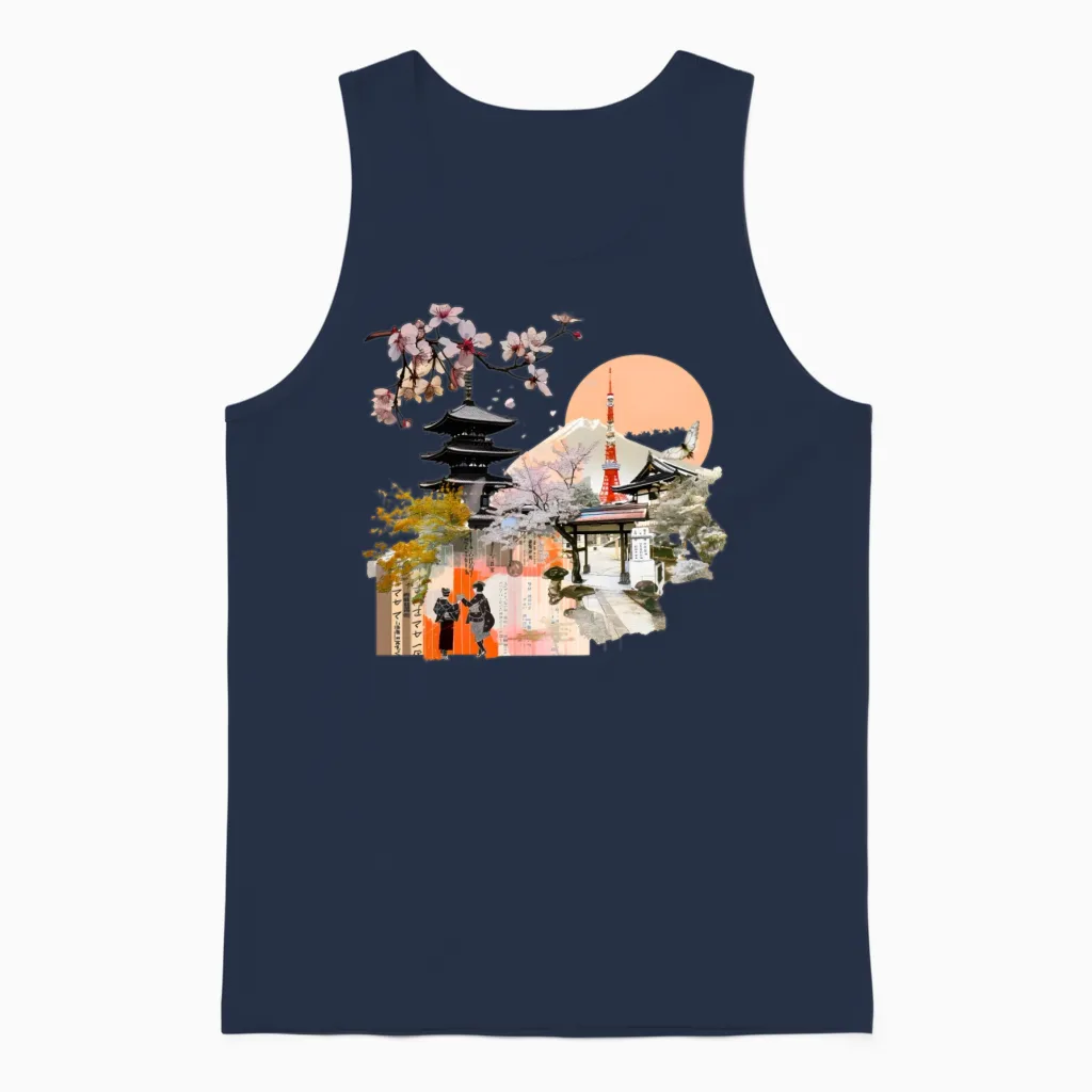 Kyoto Elegance: a Timeless Collage of Culture Unisex Tank Top in Navy