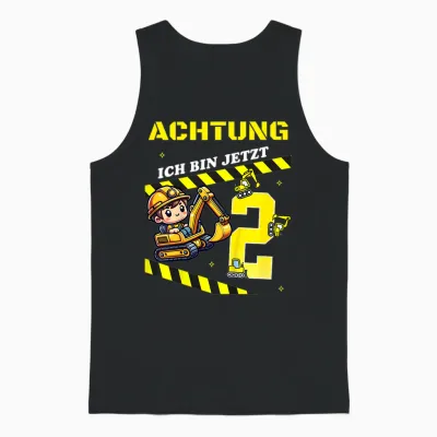 Kids 2nd Birthday Digger Construction Worker 2 Year Old Boy Gift T-Shirt, Black Unisex Tank Top - Black