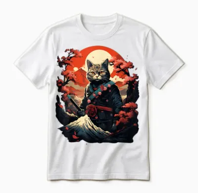 Japanese Art Cat Ninja Ukiyo-E Anime Style Samurai Cat Unisex T-Shirt - White
