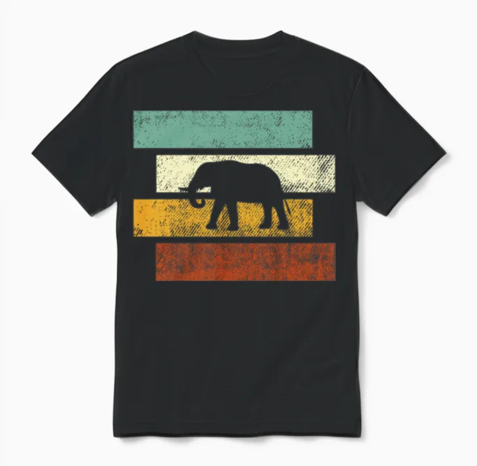 Elephant Retro Unisex T-Shirt in Black