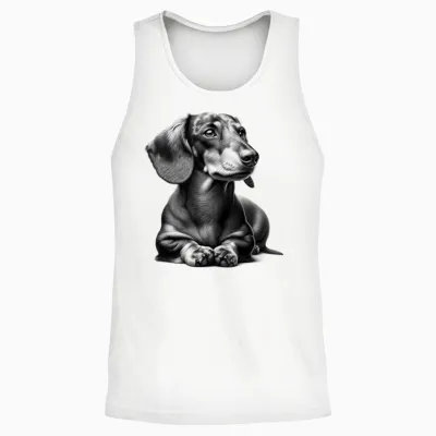 Super Cute Dachshund in Lying Pose as Cool Portrait T-Shirt, Gray Unisex Tank Top - White