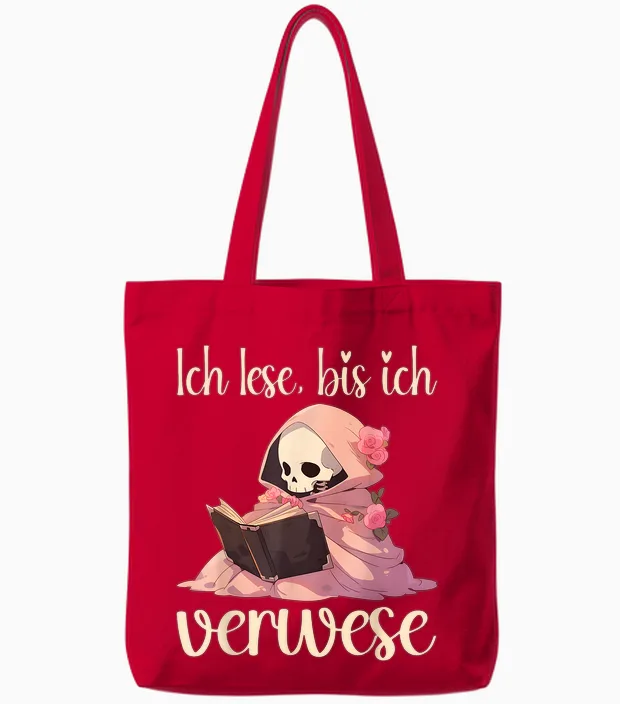 Roman Lover Booknerd T-Shirt with German Text "ich Lese, Bis Ich Gewese", Black Tote Bags in Red
