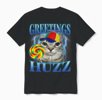 Lollipop Cat Meme Greetings Huzz Funny Silly Cats Brainrot T-Shirt for Men Women Kids Unisex T-Shirt - Black