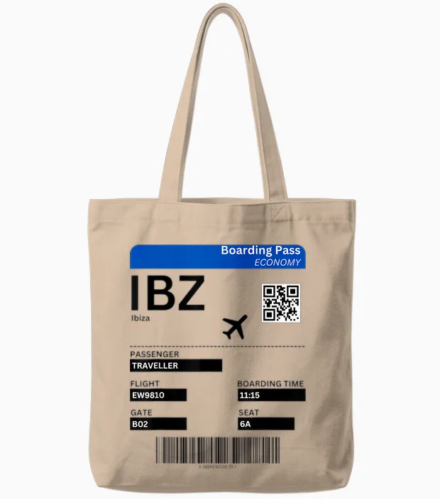 Boarding Pass Ibiza Ibz Flight Ticket Ibiza T-Shirt, Gray Tote Bags in Natural