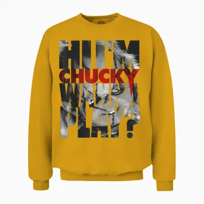 Child's Play Hi I'm Chucky Wanna Play Text Fill T-Shirt Small Unisex Sweatshirt - Gold