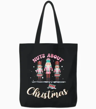 Pink Nutcracker Nuts About Christmas Holiday Tote Bags - Black