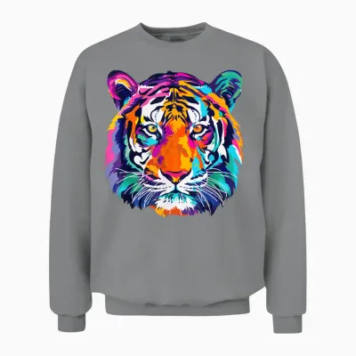 Tigerco. Colorful Tiger Graphic Unisex T-Shirt, Black, Small, Short Sleeve, Classic Fit Unisex Sweatshirt - Sport Grey