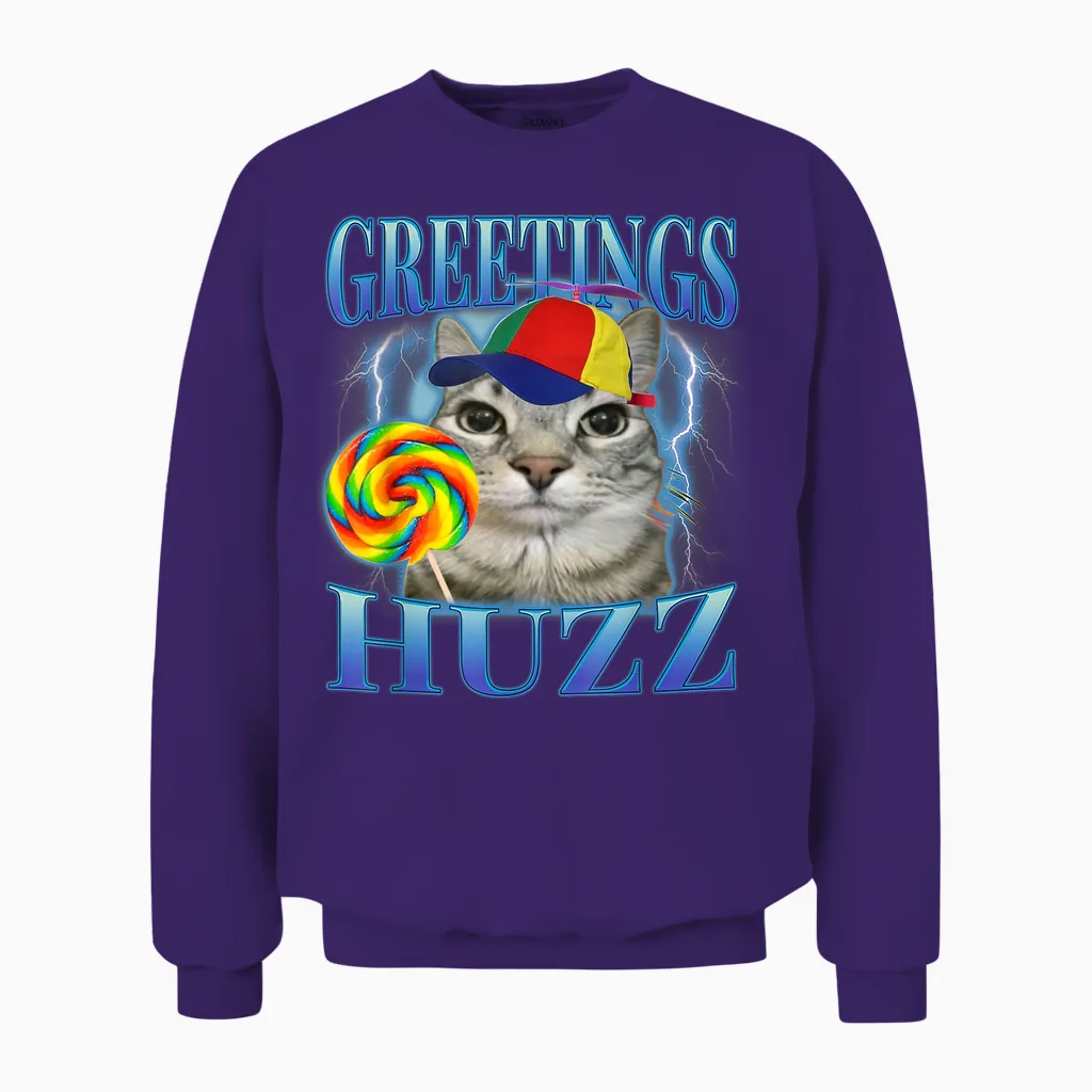 Lollipop Cat Meme Greetings Huzz Funny Silly Cats Brainrot T-Shirt for Men Women Kids Unisex Sweatshirt in Purple