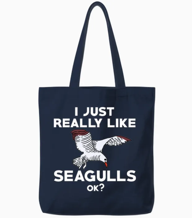 Funny Seagull Saying Tote Bags in Navy