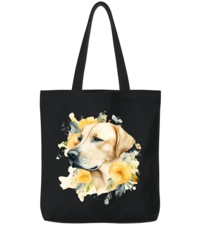 Yellow Lab Dog Watercolor Floral Tote Bags - Black