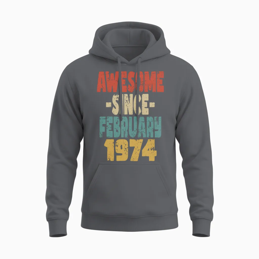 Awesome February 1974 Unisex Hoodie in Charcoal
